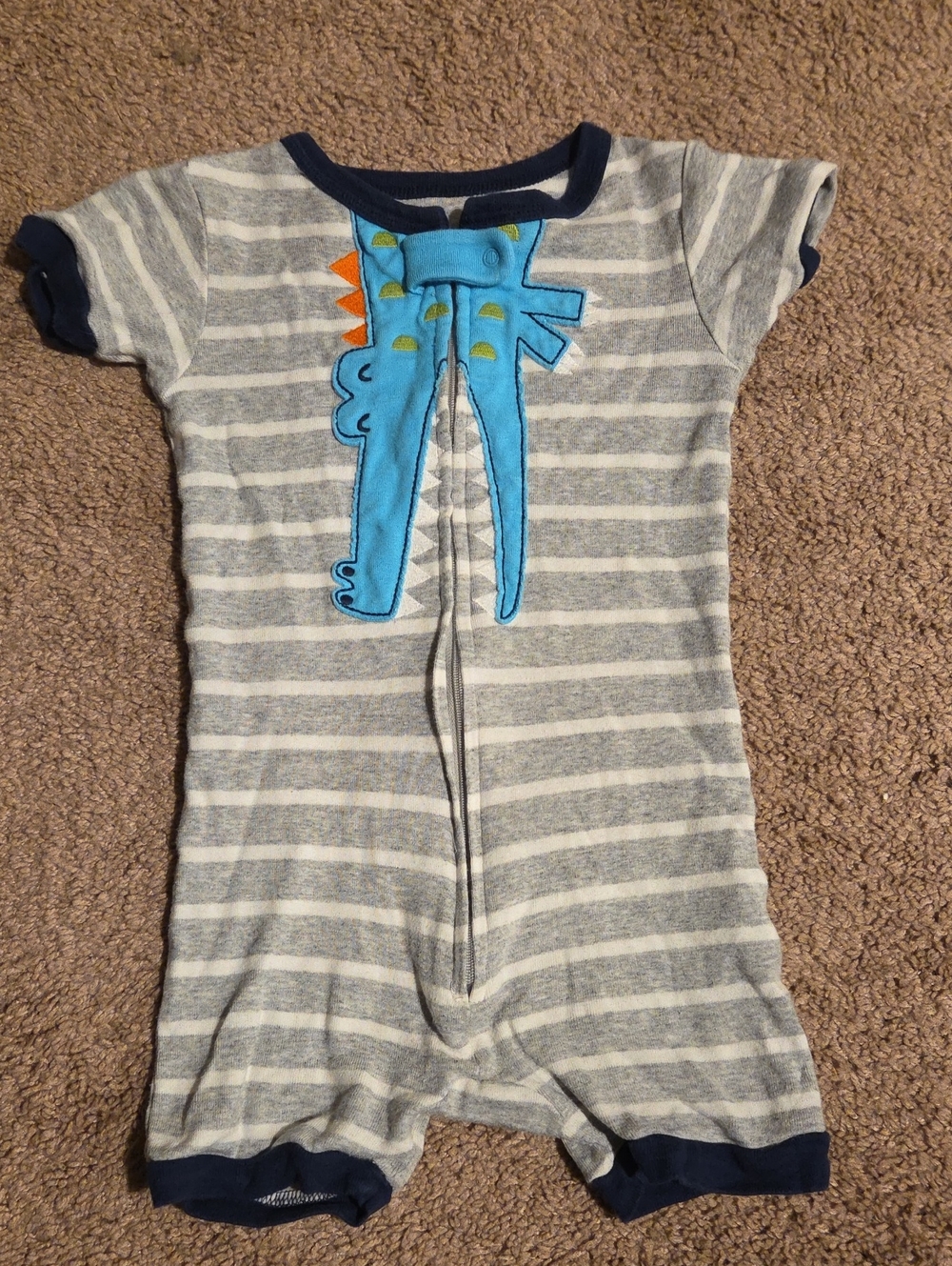 Gray Stripe Kids One-Piece Romper with Blue Dino Applique